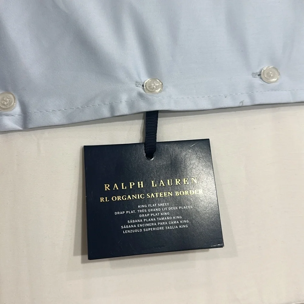 Ralph Lauren RL Organic Sateen Border King Flat Sheet Blue NWT $215